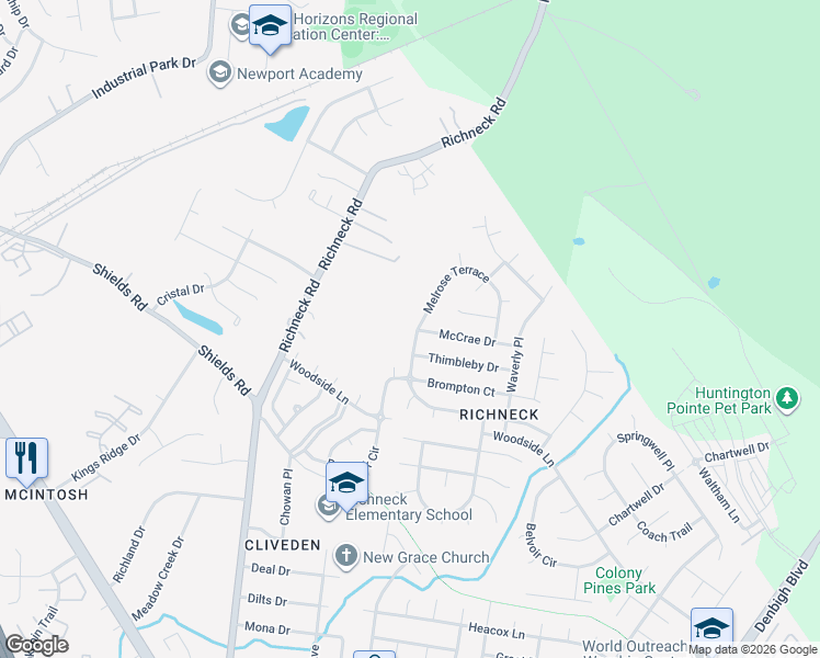 map of restaurants, bars, coffee shops, grocery stores, and more near 824 Melrose Terrace in Newport News