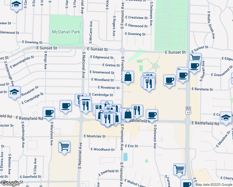 map of restaurants, bars, coffee shops, grocery stores, and more near 2856 South Rogers Avenue in Springfield