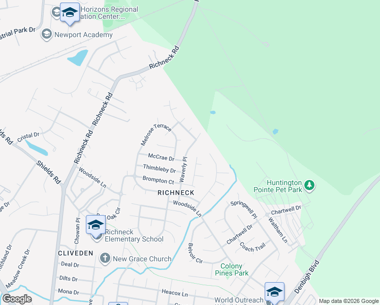 map of restaurants, bars, coffee shops, grocery stores, and more near 455 Waverly Place in Newport News