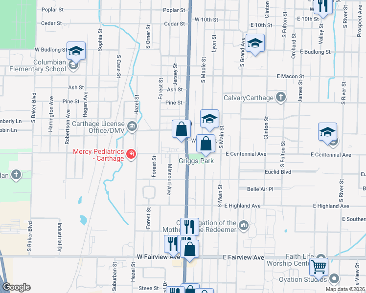 map of restaurants, bars, coffee shops, grocery stores, and more near 421 West Centennial Avenue in Carthage