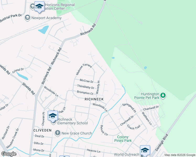 map of restaurants, bars, coffee shops, grocery stores, and more near 455 Waverly Pl in Newport News