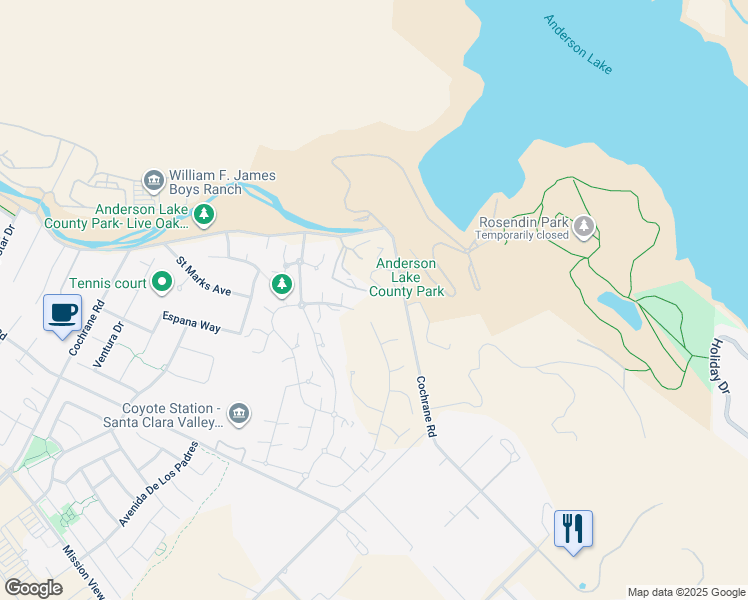 map of restaurants, bars, coffee shops, grocery stores, and more near 2185 Via Santa Elena in Morgan Hill
