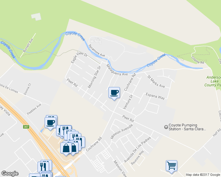 map of restaurants, bars, coffee shops, grocery stores, and more near 1840 Kickapoo Court in Morgan Hill