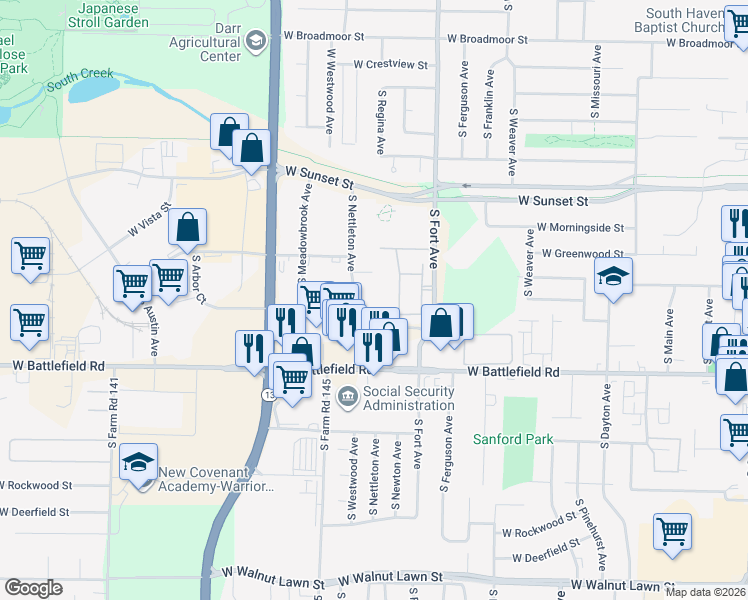 map of restaurants, bars, coffee shops, grocery stores, and more near 2828 South Nettleton Avenue in Springfield