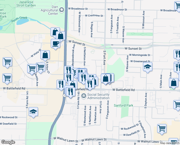 map of restaurants, bars, coffee shops, grocery stores, and more near 2828 South Nettleton Avenue in Springfield