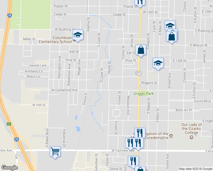 map of restaurants, bars, coffee shops, grocery stores, and more near 1498 S Case St in Carthage