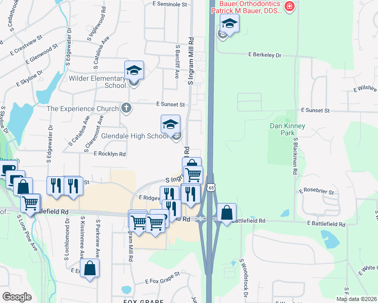 map of restaurants, bars, coffee shops, grocery stores, and more near 3404 East Lomita Street in Springfield