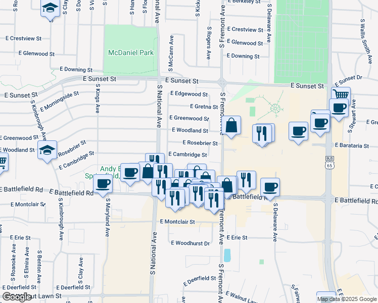 map of restaurants, bars, coffee shops, grocery stores, and more near 1253 East Cambridge Street in Springfield