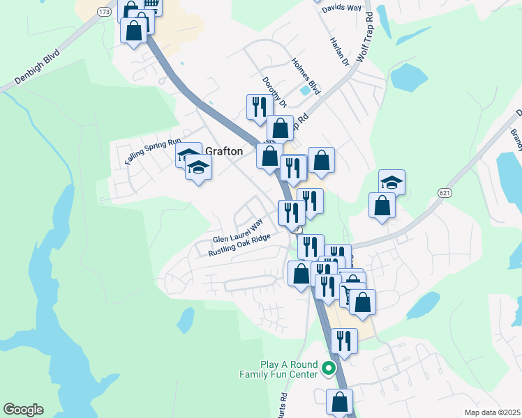 map of restaurants, bars, coffee shops, grocery stores, and more near 105 Stagecoach Watch in Yorktown