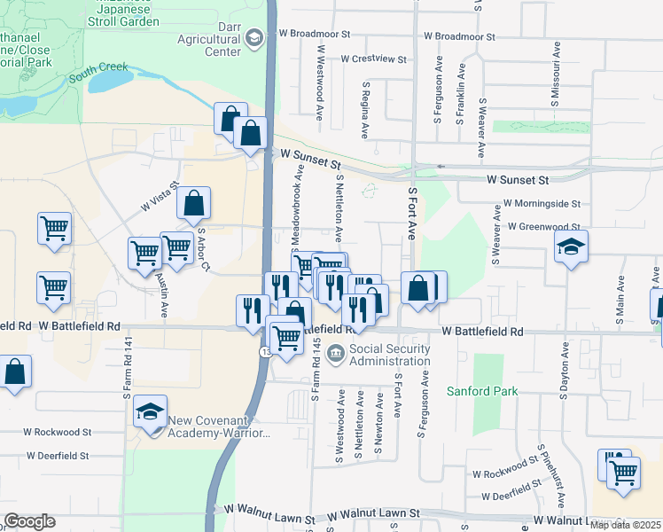 map of restaurants, bars, coffee shops, grocery stores, and more near 2861 South Nettleton Avenue in Springfield