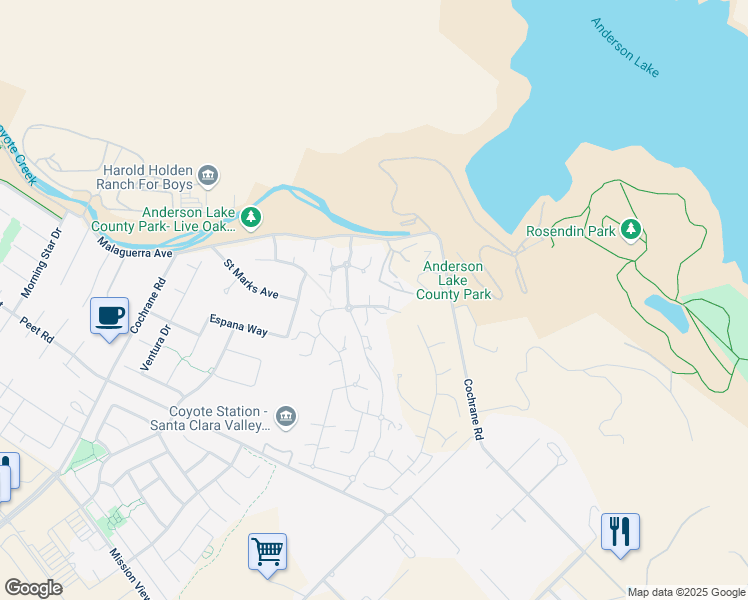 map of restaurants, bars, coffee shops, grocery stores, and more near 2255 Via Santa Elena in Morgan Hill