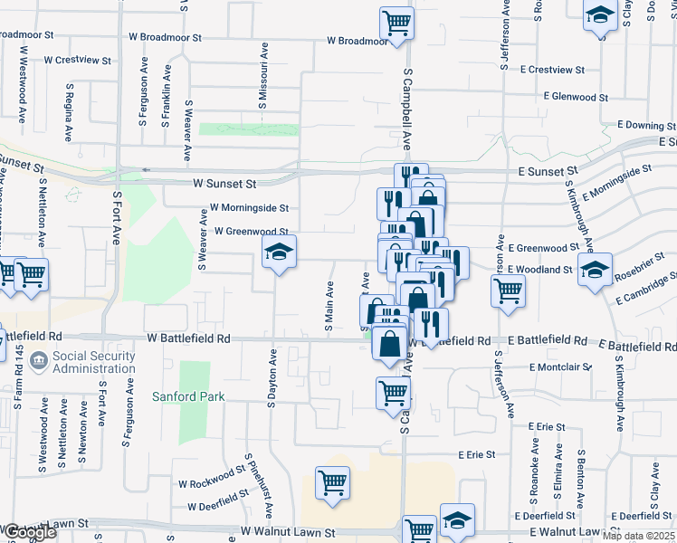 map of restaurants, bars, coffee shops, grocery stores, and more near 2834 South Main Avenue in Springfield