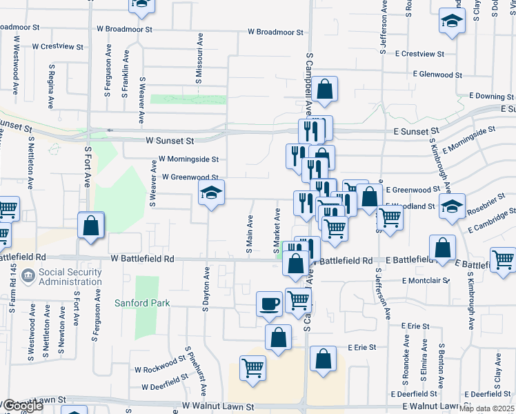 map of restaurants, bars, coffee shops, grocery stores, and more near 2834 South Main Avenue in Springfield