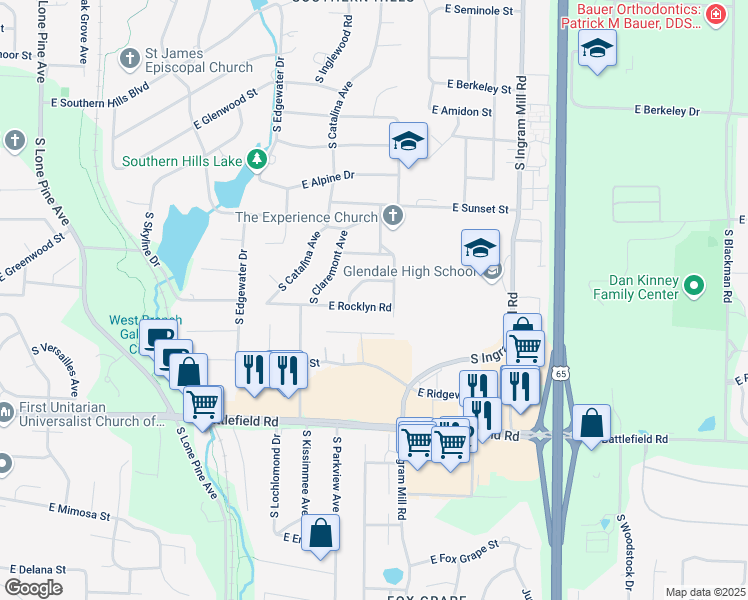map of restaurants, bars, coffee shops, grocery stores, and more near 3115 East Rocklyn Road in Springfield