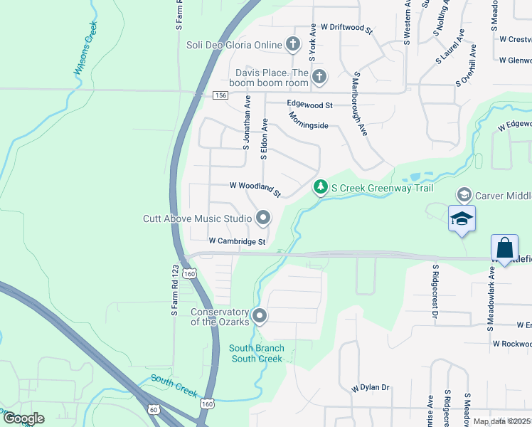 map of restaurants, bars, coffee shops, grocery stores, and more near 2920 South Eldon Avenue in Springfield