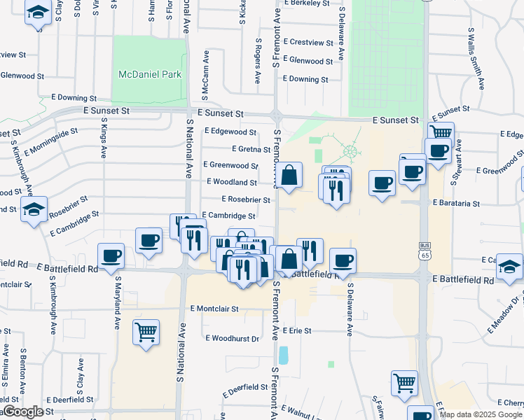 map of restaurants, bars, coffee shops, grocery stores, and more near 1325 East Cambridge Street in Springfield