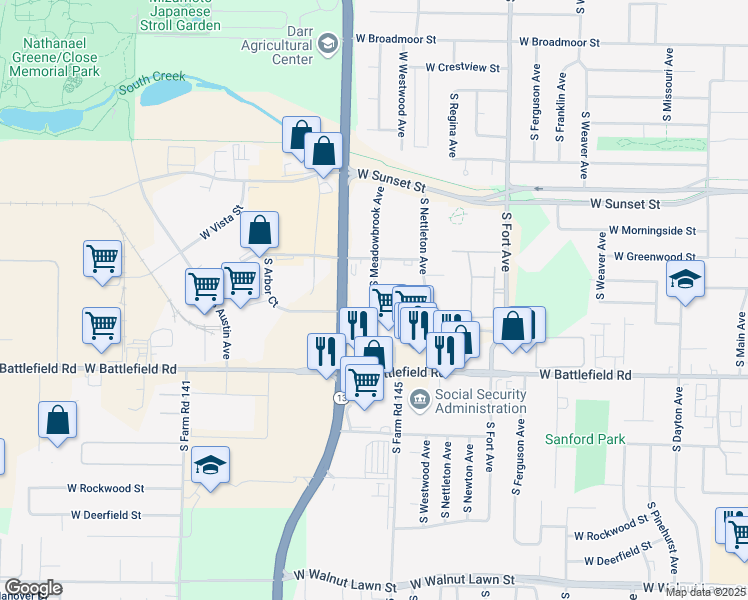 map of restaurants, bars, coffee shops, grocery stores, and more near 2862 South Meadowbrook Avenue in Springfield