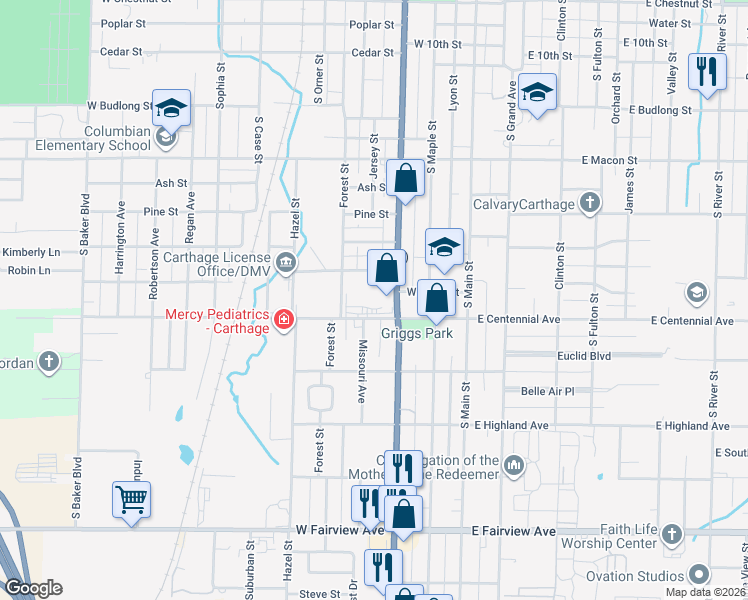 map of restaurants, bars, coffee shops, grocery stores, and more near 421 West Centennial Avenue in Carthage