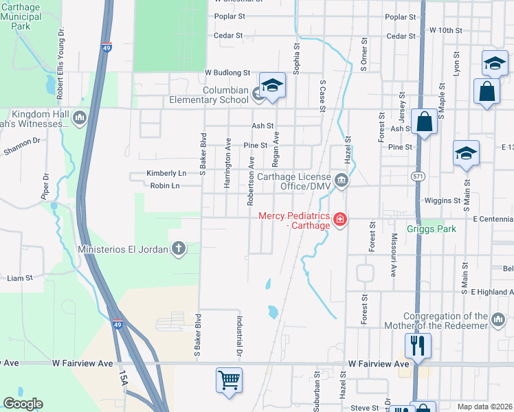 map of restaurants, bars, coffee shops, grocery stores, and more near 1514 Robertson Avenue in Carthage