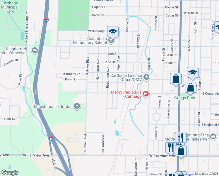 map of restaurants, bars, coffee shops, grocery stores, and more near 1514 Robertson Avenue in Carthage