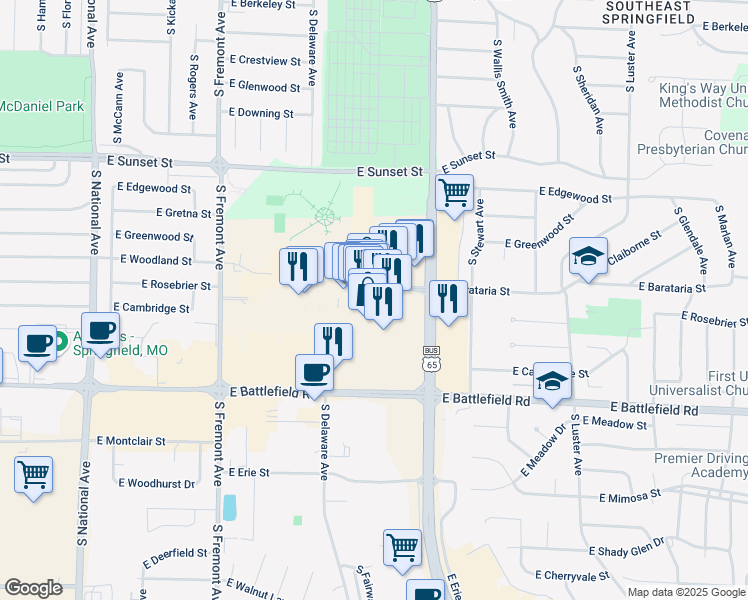 map of restaurants, bars, coffee shops, grocery stores, and more near 2825 South Glenstone Avenue in Springfield