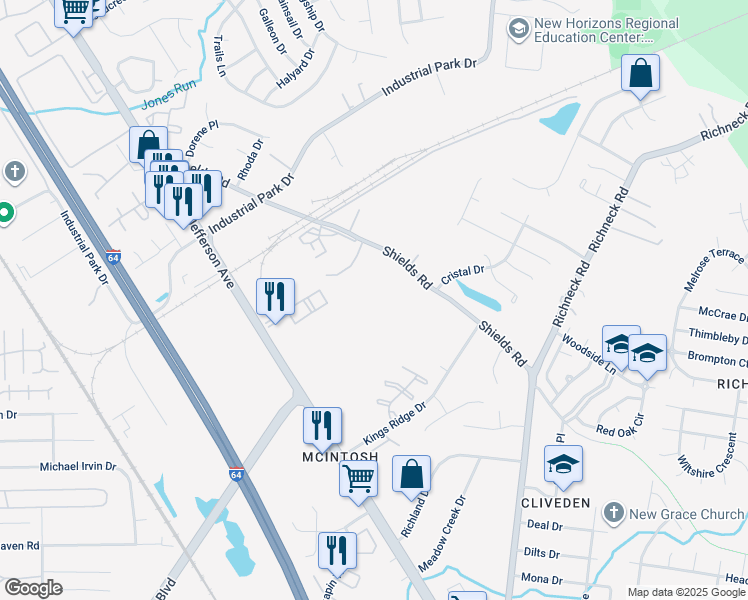 map of restaurants, bars, coffee shops, grocery stores, and more near 738 Shields Road in Newport News