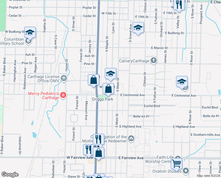 map of restaurants, bars, coffee shops, grocery stores, and more near 122 Wiggins Street in Carthage