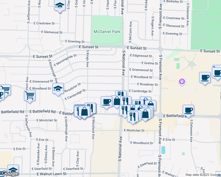 map of restaurants, bars, coffee shops, grocery stores, and more near 1125 East Cambridge Street in Springfield