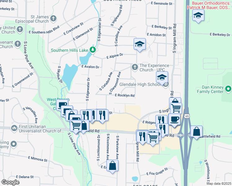 map of restaurants, bars, coffee shops, grocery stores, and more near 3033 East Rocklyn Road in Springfield