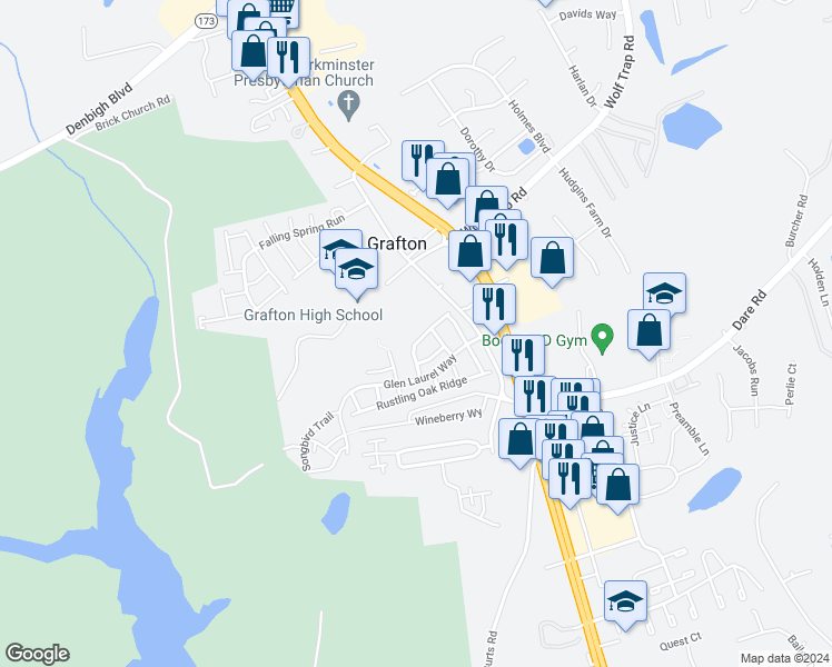 map of restaurants, bars, coffee shops, grocery stores, and more near 127 Wainwrights Bend in Yorktown