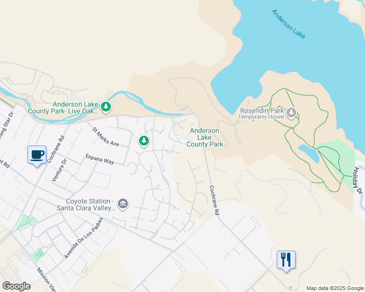 map of restaurants, bars, coffee shops, grocery stores, and more near 2195 Via Santa Elena in Morgan Hill