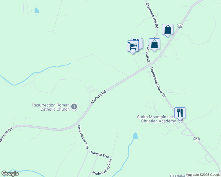 map of restaurants, bars, coffee shops, grocery stores, and more near 15089 Moneta Road in Moneta