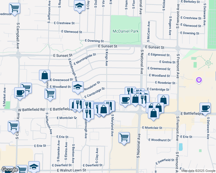 map of restaurants, bars, coffee shops, grocery stores, and more near 1005 East Cambridge Street in Springfield