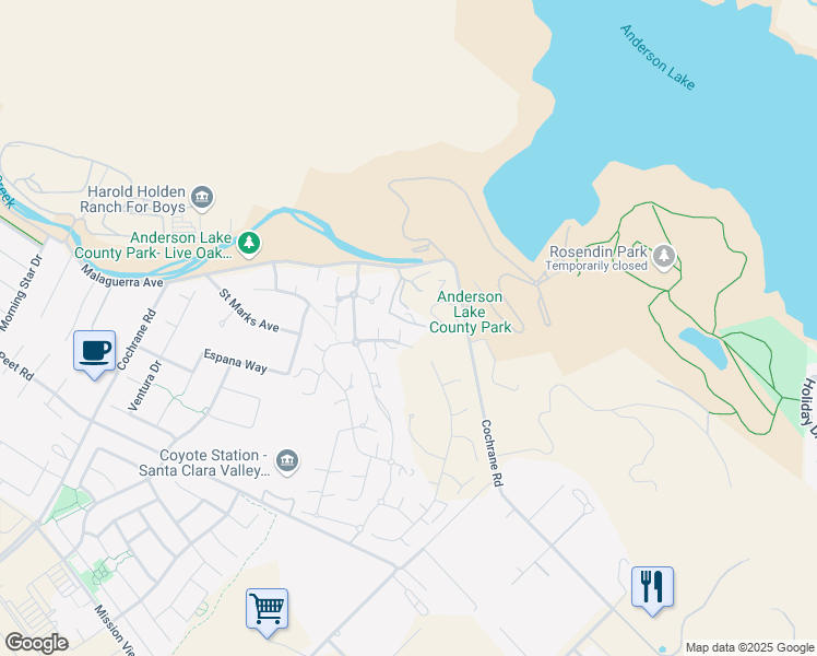 map of restaurants, bars, coffee shops, grocery stores, and more near 2225 Via Santa Elena in Morgan Hill