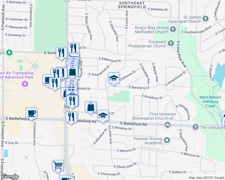 map of restaurants, bars, coffee shops, grocery stores, and more near 2120 East Barataria Street in Springfield