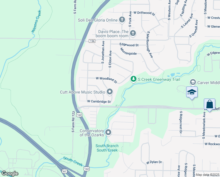 map of restaurants, bars, coffee shops, grocery stores, and more near 2920 South Eldon Avenue in Springfield