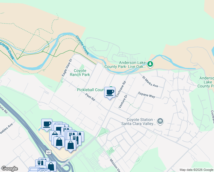 map of restaurants, bars, coffee shops, grocery stores, and more near 1840 Kickapoo Court in Morgan Hill