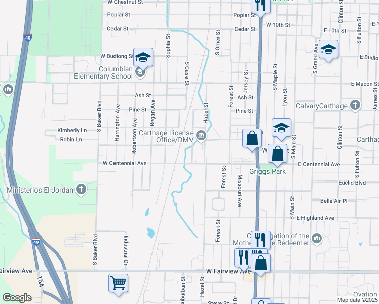 map of restaurants, bars, coffee shops, grocery stores, and more near 1509 South Case Street in Carthage