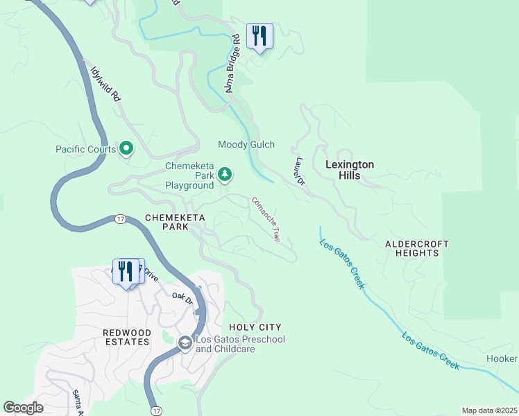 map of restaurants, bars, coffee shops, grocery stores, and more near 20841 Comanche Trail in Los Gatos