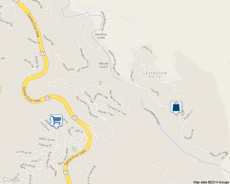 map of restaurants, bars, coffee shops, grocery stores, and more near 20841 Comanche Trail in Los Gatos