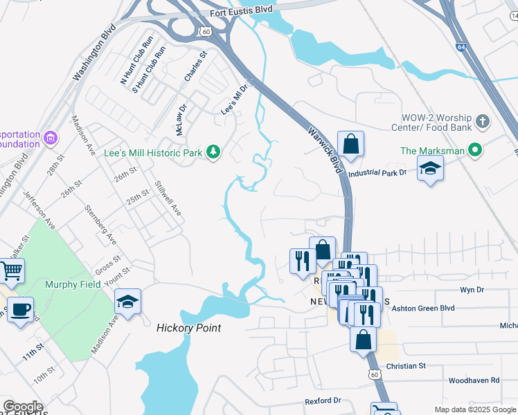 map of restaurants, bars, coffee shops, grocery stores, and more near 5607 Patricia Drive in Newport News