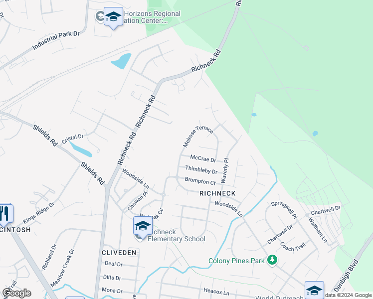 map of restaurants, bars, coffee shops, grocery stores, and more near 815 Melrose Terrace in Newport News