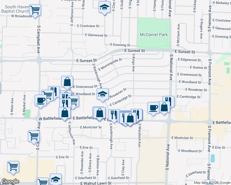 map of restaurants, bars, coffee shops, grocery stores, and more near 809 East Rosebrier Street in Springfield