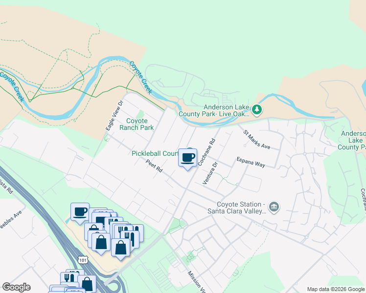 map of restaurants, bars, coffee shops, grocery stores, and more near 1840 Kickapoo Court in Morgan Hill