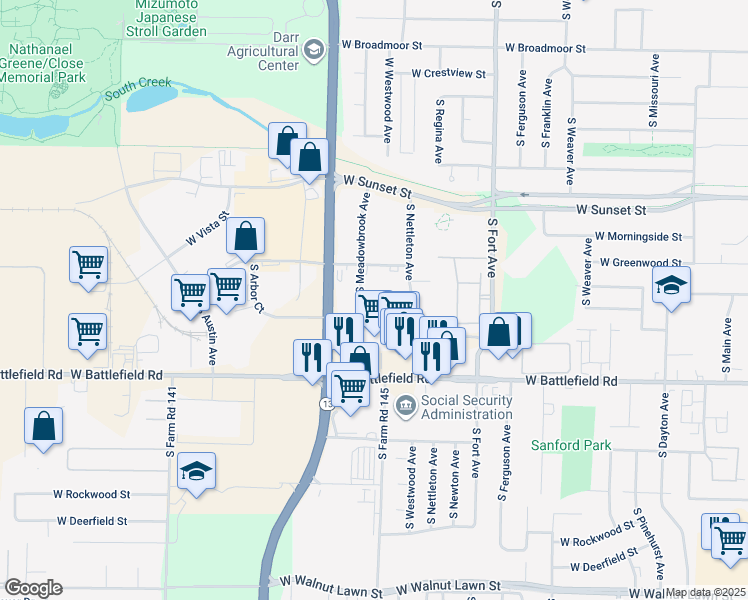 map of restaurants, bars, coffee shops, grocery stores, and more near 2862 South Meadowbrook Avenue in Springfield