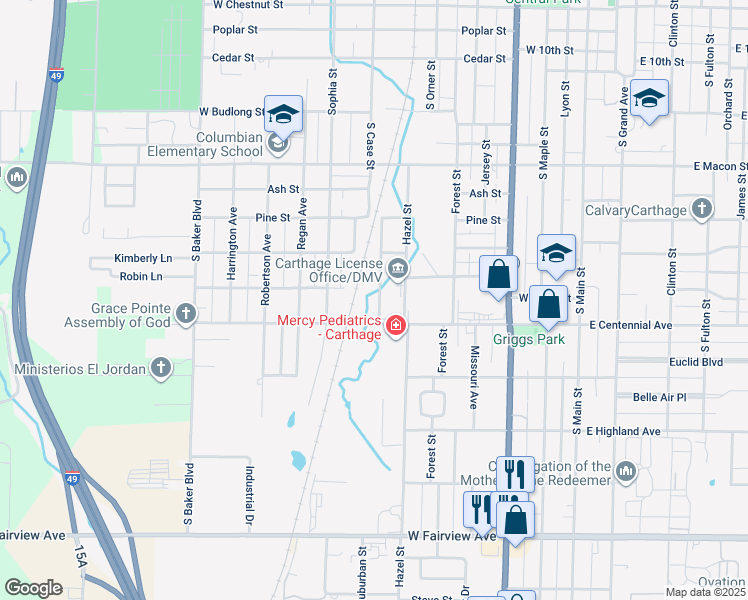 map of restaurants, bars, coffee shops, grocery stores, and more near 1402-1498 South Case Street in Carthage