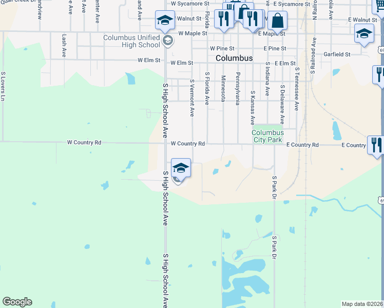 map of restaurants, bars, coffee shops, grocery stores, and more near 501 South Vermont Avenue in Columbus