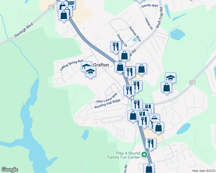 map of restaurants, bars, coffee shops, grocery stores, and more near 133 Wainwrights Bend in Yorktown