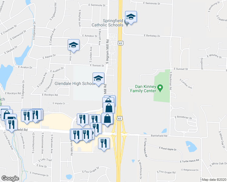 map of restaurants, bars, coffee shops, grocery stores, and more near 3437 East Lomita Street in Springfield