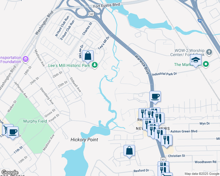 map of restaurants, bars, coffee shops, grocery stores, and more near 5607 Patricia Drive in Newport News